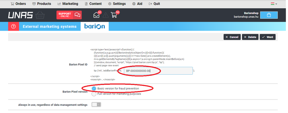 3. Finally, copy-paste live Barion Pixel Id from your Barion Wallet (BP-XXXXXXXXXX-XX) without any apostrophe. Then clcik on Basic version for fraud prevention radio button.