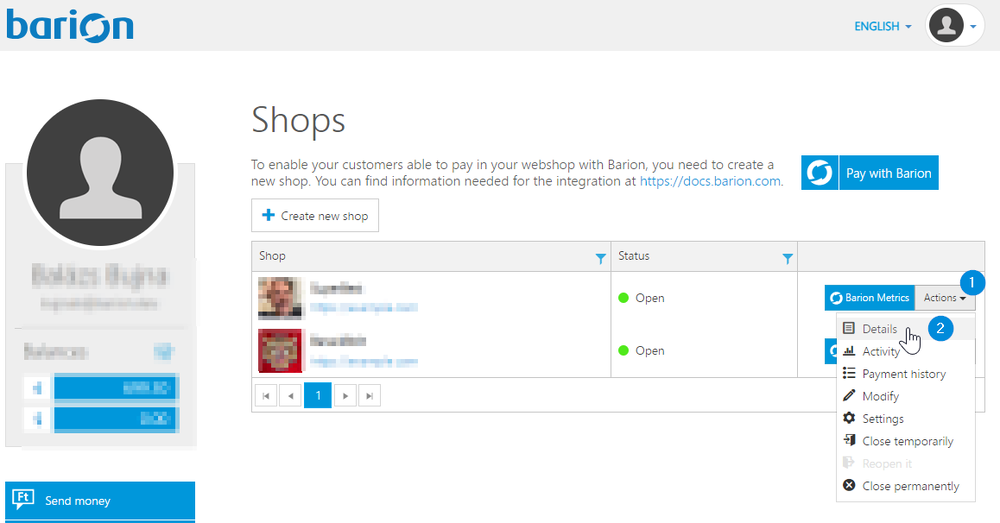 3. Find and copy your Barion Pixel Id from your Barion Wallet (secure.barion.com): on the Shops screen, click Actions next to your Barion shop, name, and choose the Details option in the drop-down menu.