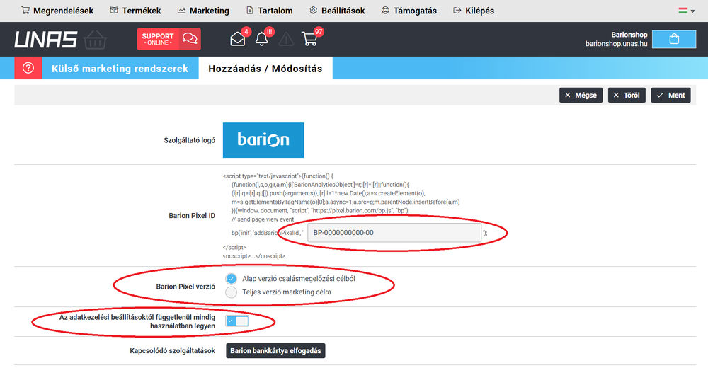 5. A Barion Pixel ID mezőbe illeszd be a kimásolt azonosítót, idézőjelek nélkül. Győződj meg arról, hogy az éles azonosítódat illesztetted be. Válaszd ki az "Alap verzió csalásmegelőzési célból" opciót, és kapcsold be, hogy az adatkezelési beállításoktól függetlenül mindig használatban legyen.