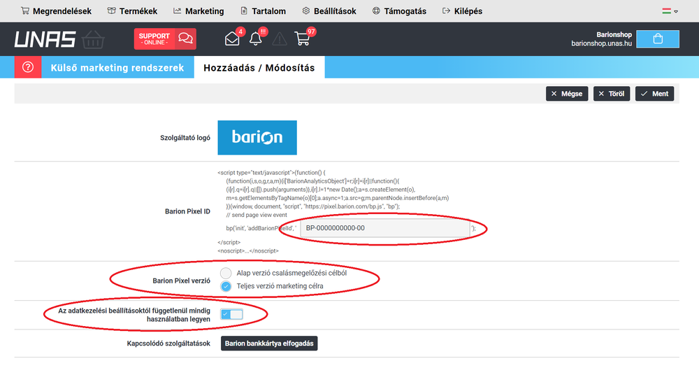 5. A Barion Pixel ID mezőbe illeszd be a kimásolt azonosítót, idézőjelek nélkül. Győződj meg arról, hogy az éles azonosítódat illesztetted be. Válaszd ki az "Teljes verzió marketing célra" opciót, és kapcsold be, hogy az adatkezelési beállításoktól függetlenül mindig használatban legyen.